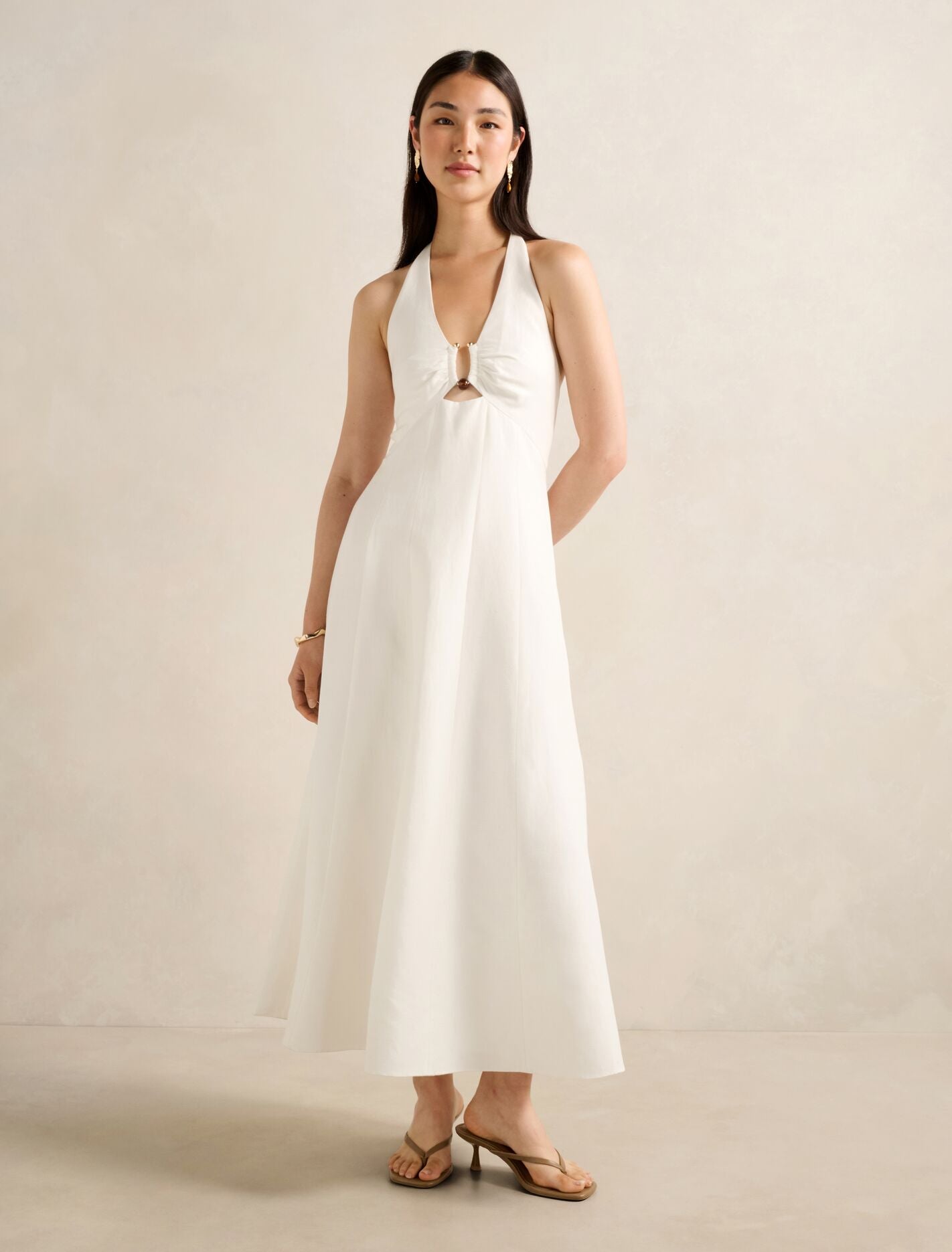 Angie Hardware Halter Linen Midi Dress Porcelain Forever New