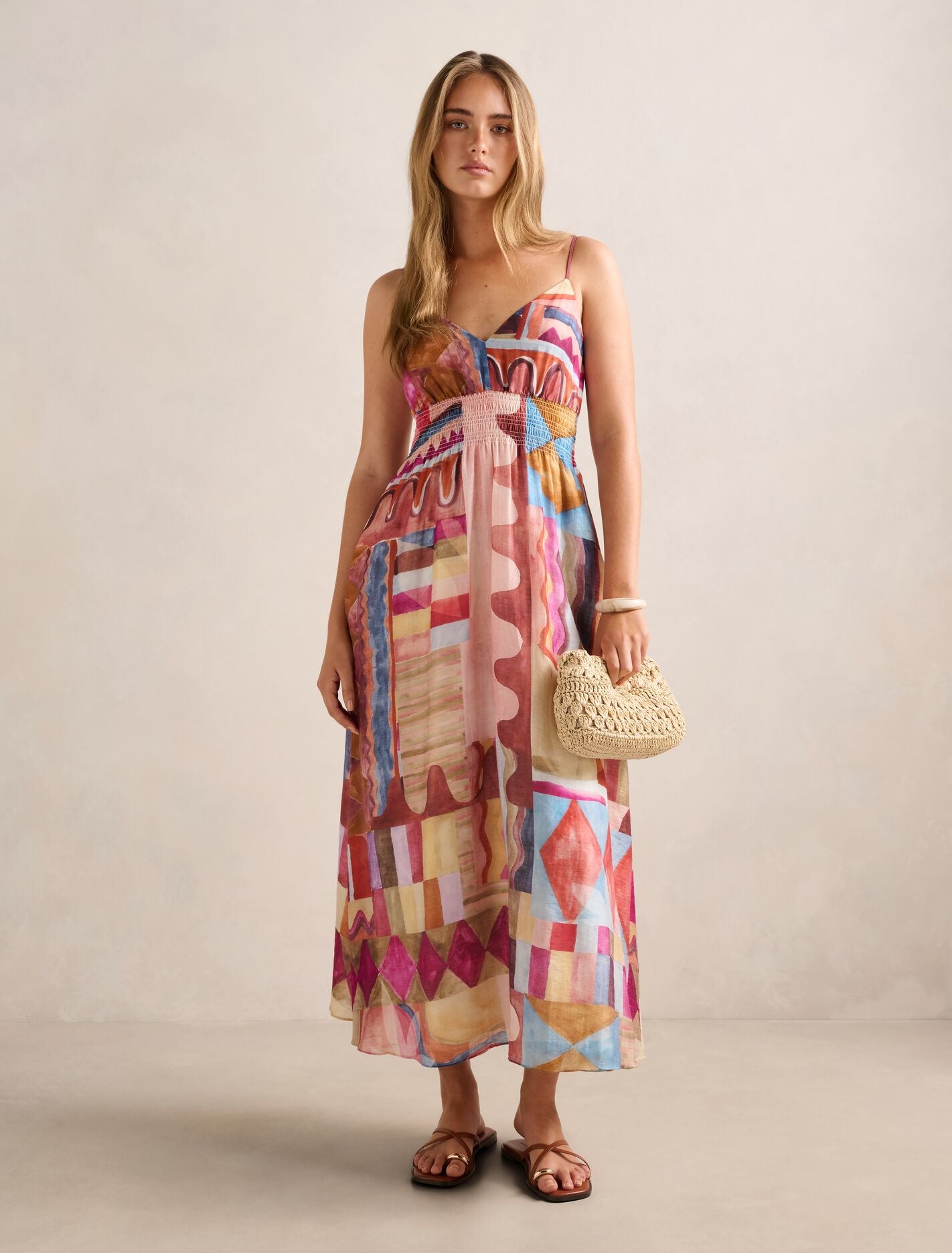 Gina Gathered Waist Midi Dress Otira Abstract Forever New