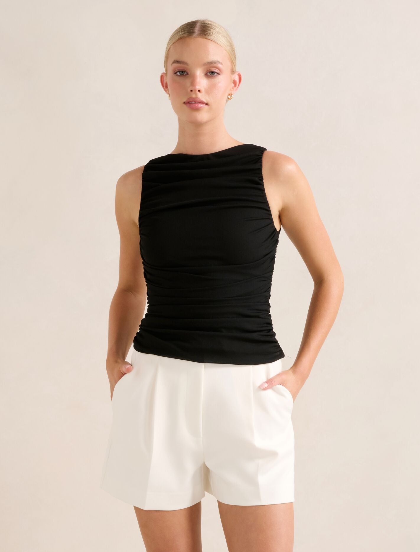 Pippa Ruched Boat Neck Top Black Forever New
