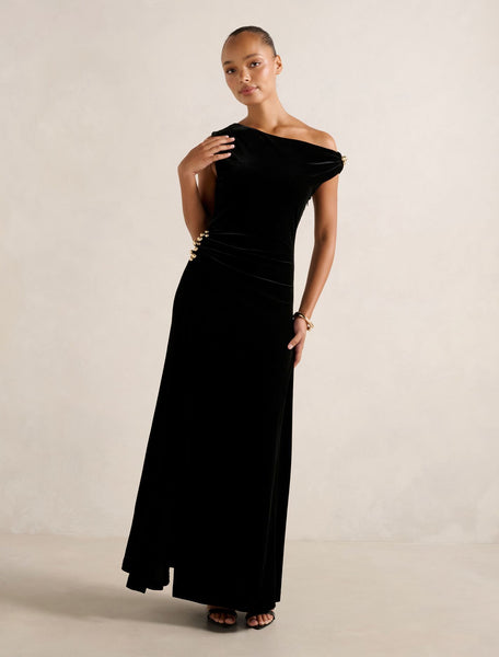 Winslet Off Shoulder Velvet Dress Black | Forever New
