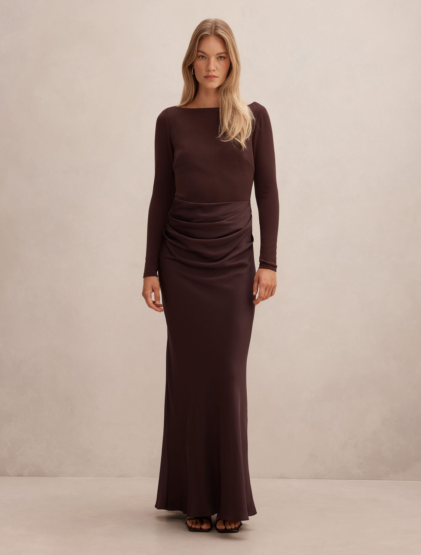 Briella Boat Neck Drape Maxi Dress Dark Chocolate Forever New