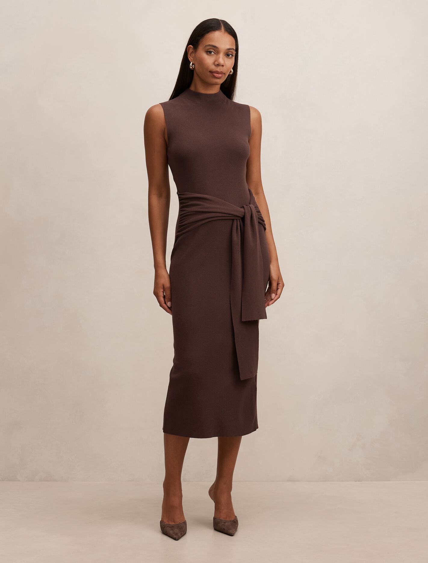 Margot Wrap Detail Knit Midi Dress Mocha Forever New