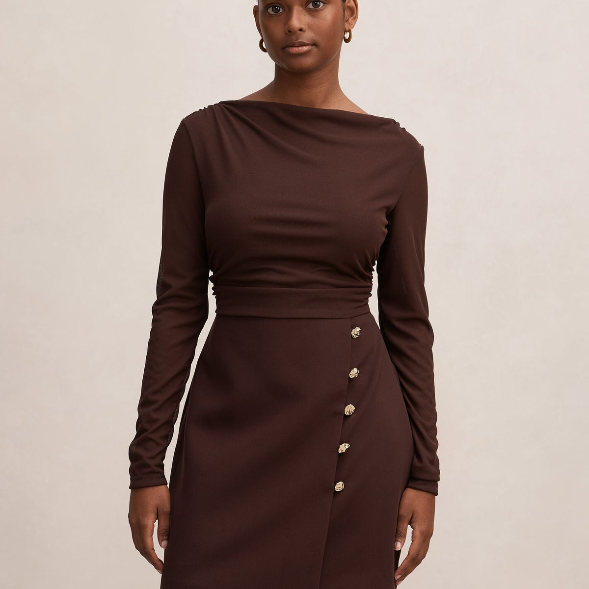 chocolate brown dress long sleeve Mesh Long L / Crown & Ivy™ Petite deep blue（purplish） Color:Ivory/Pink Print* The dress is elegantly