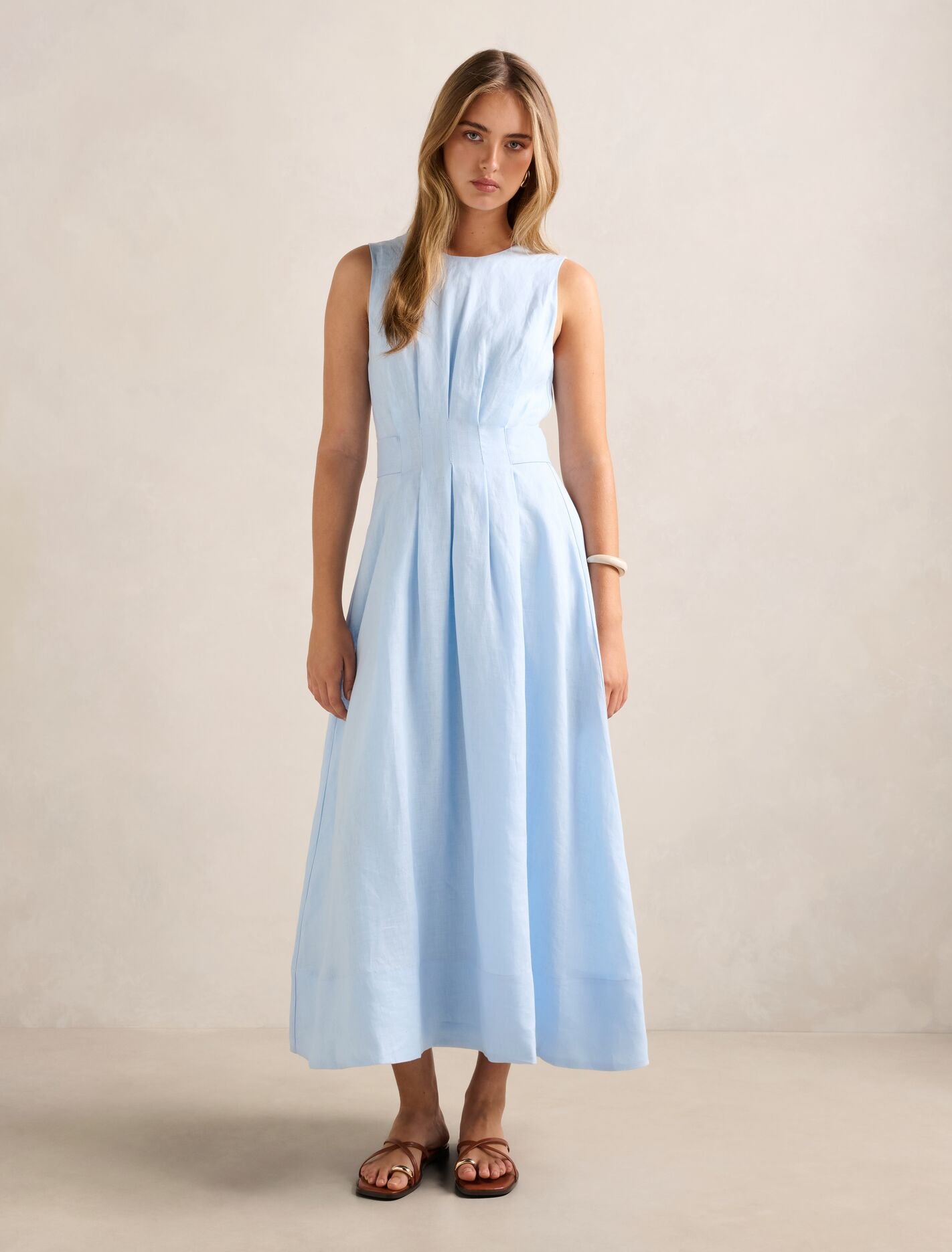 Rosie Linen Sleeveless Tuck Midi Dress Bluebell Forever New