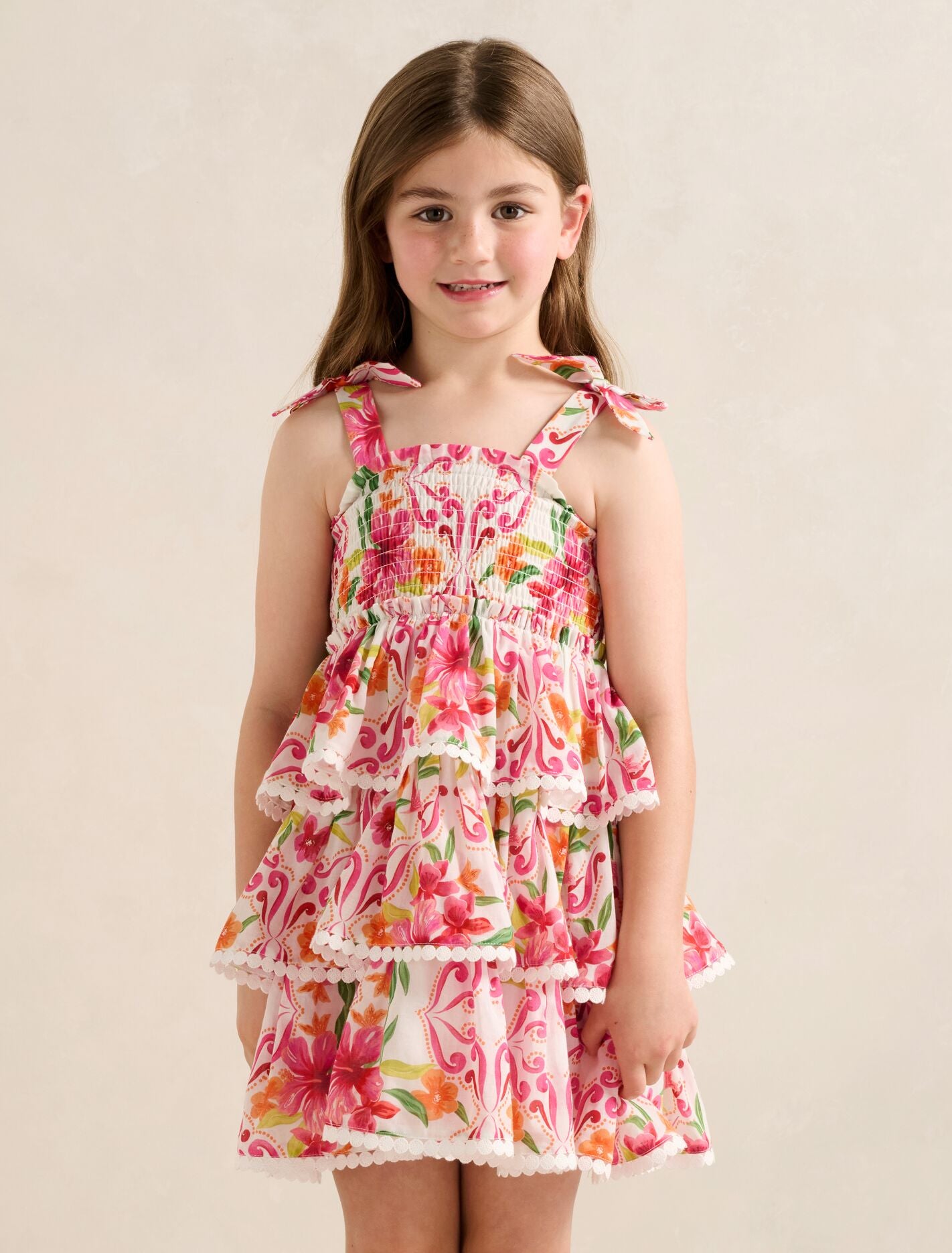 Malia Girls Tiered Dress Pink Nava Floral Forever New