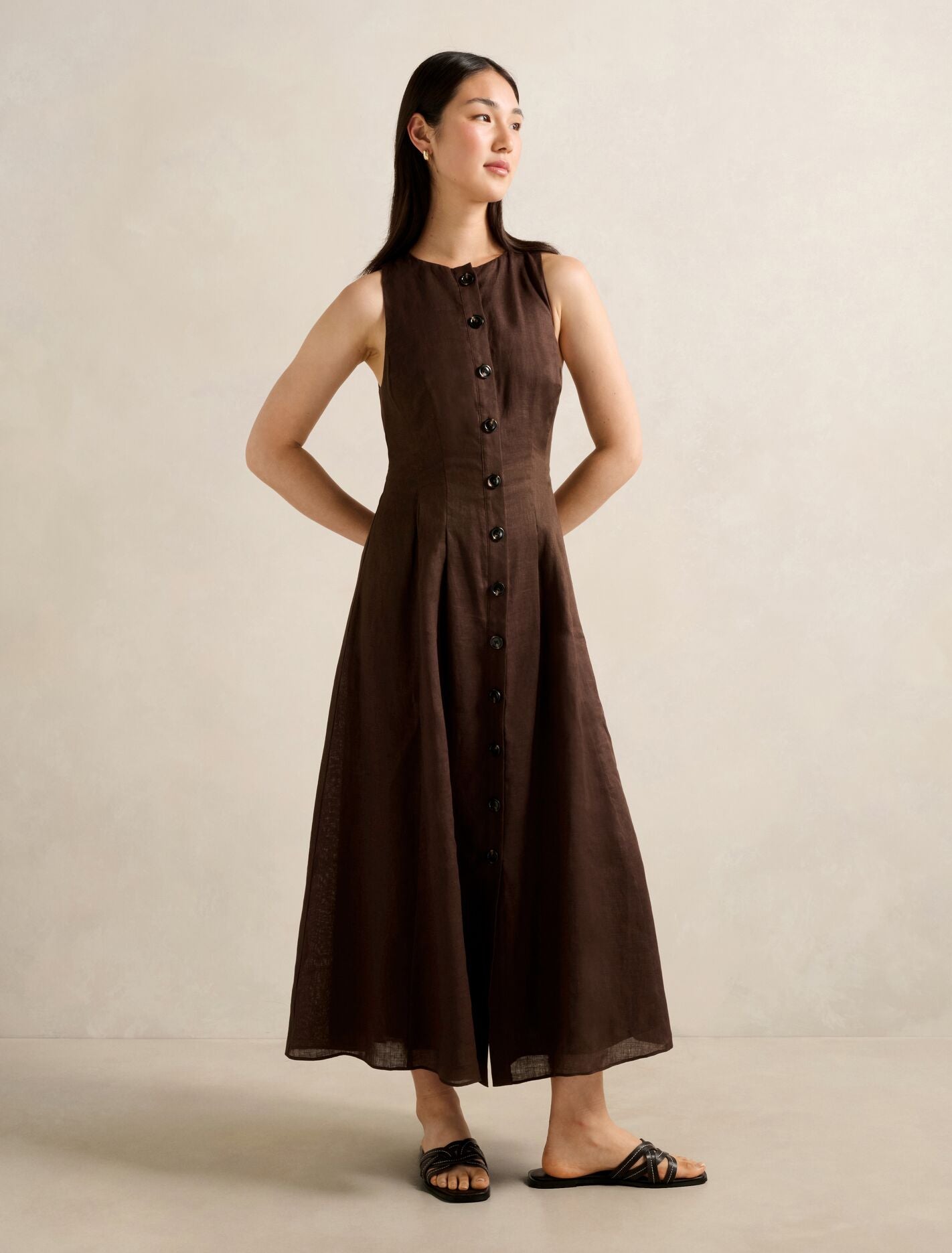 Pia Button Front Linen Midi Dress