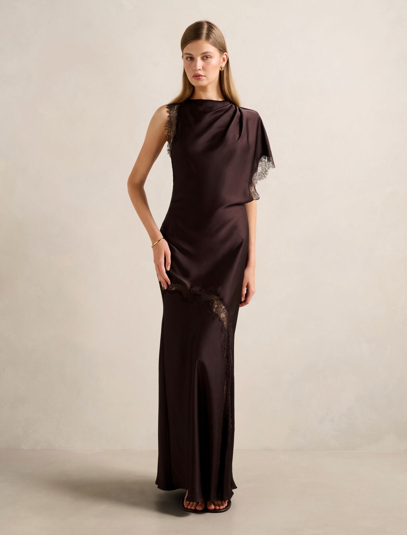 Kody Satin Lace Asym Dress Dark Chocolate Forever New