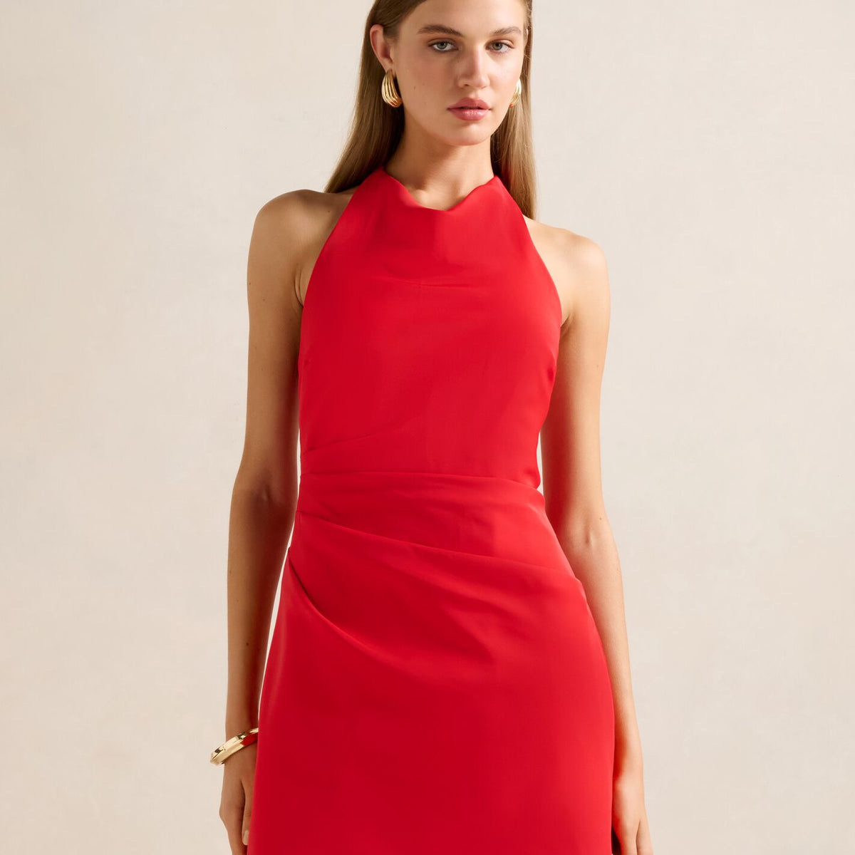 strapless open back dress Auburn Red Halter Skater Midi Dress – Club L London main image 0