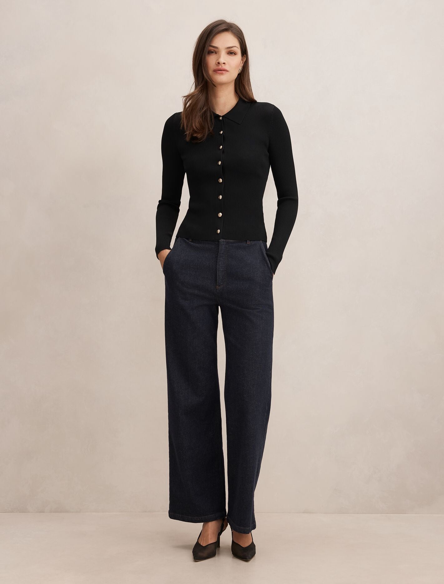 Selina Ribbed Knit Polo Top Black | Forever New