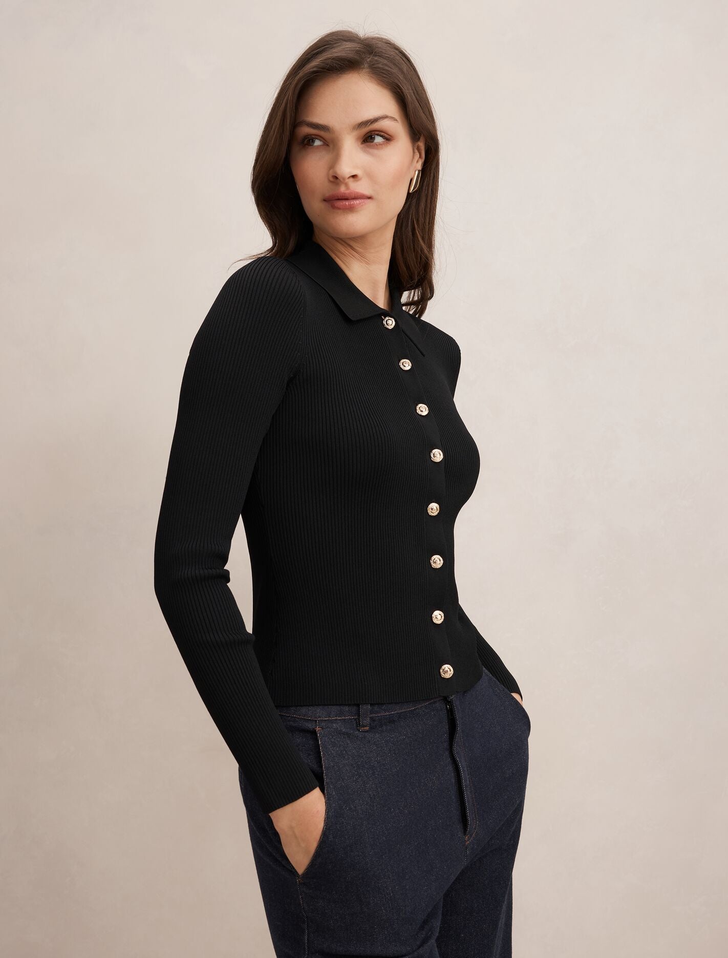トップス DIANTE BIG COLLAR GOLD BUTTON RIB KNIT Selina Ribbed Knit Polo Top Black | Forever New