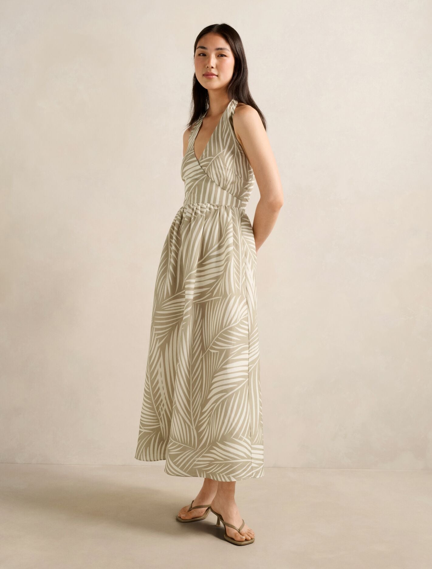 Lilian Wrap Linen Halter Midi Dress Tuxen Leaf | Forever New