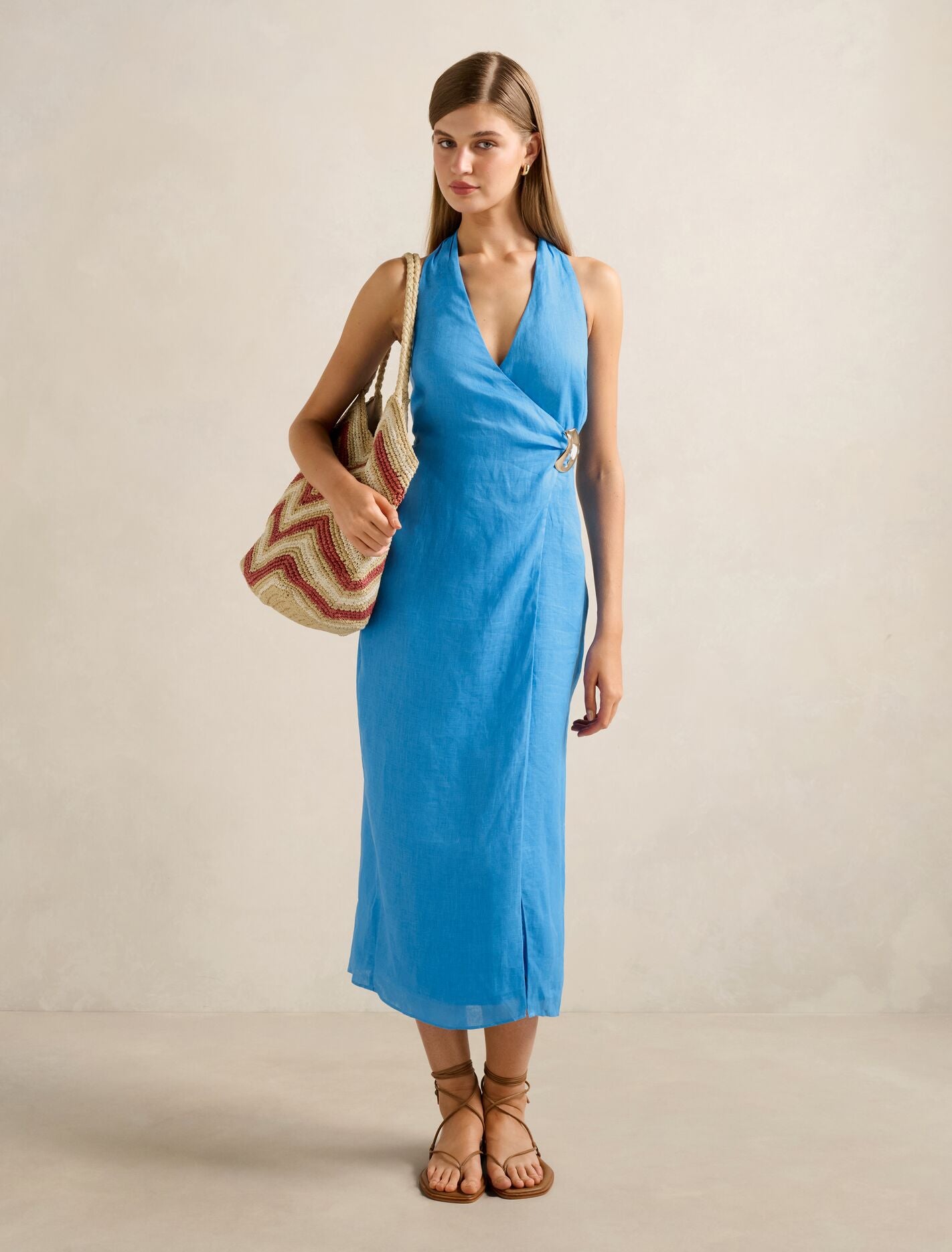 Livia Linen Hardware Wrap Midi Dress Blue Lemonade Forever New