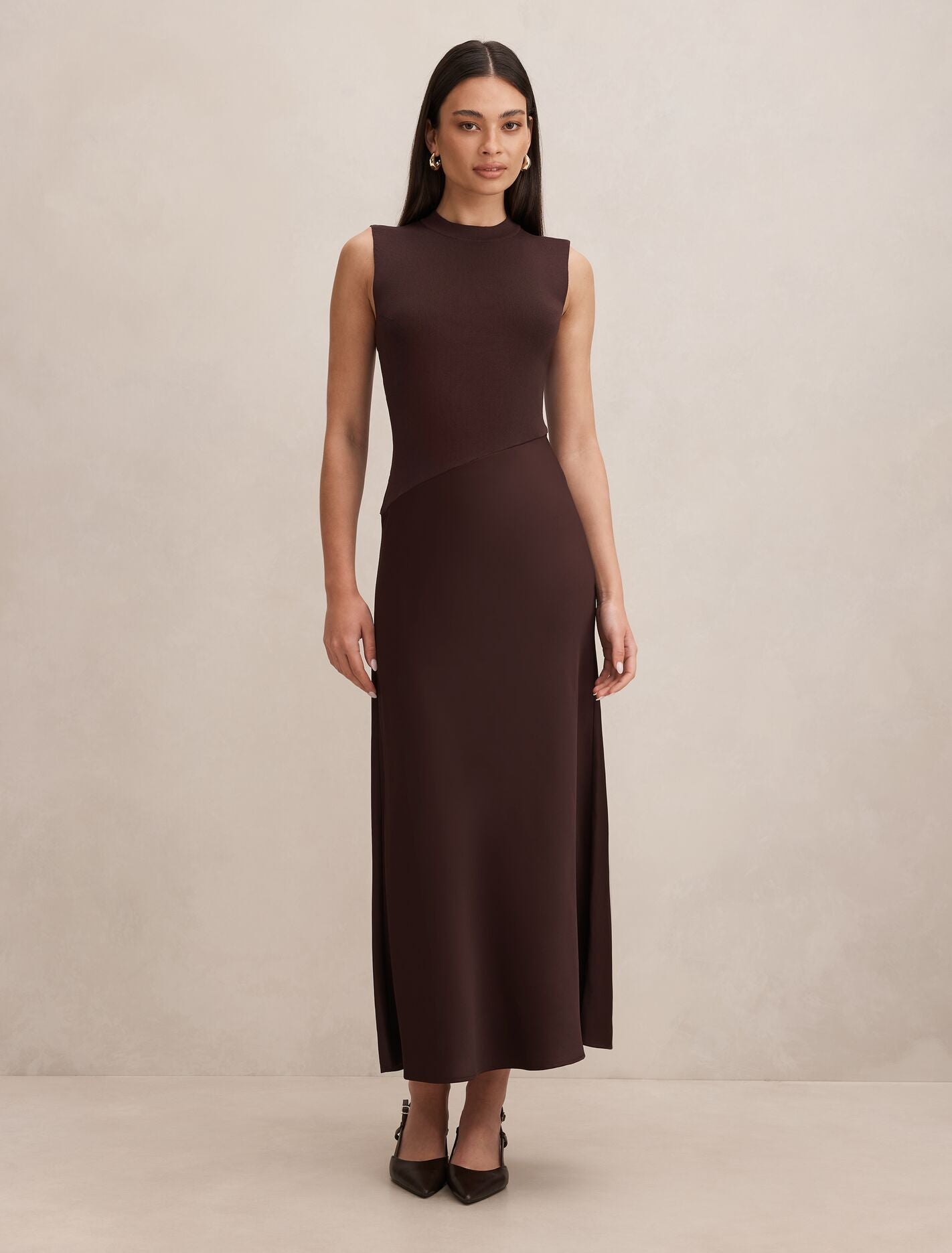 Jayden Satin Mixed Midi Dress Chocolate Forever New