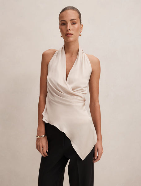 【新品】OMMO SATIN DRAPE TANK TOP Isabella Drape Detail Top Champagne | Forever New