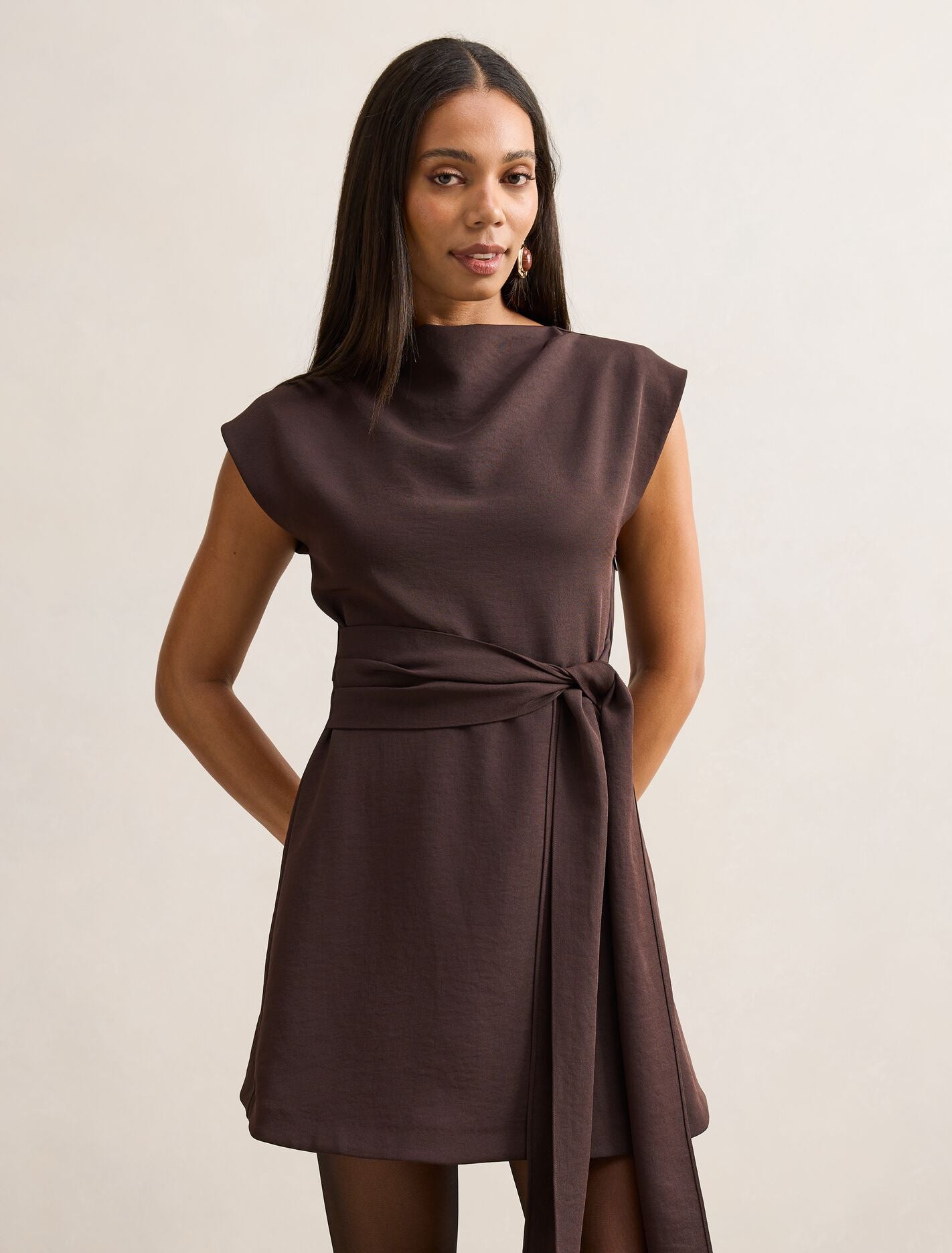 Peony Tie Front Mini Dress Dark Chocolate Forever New