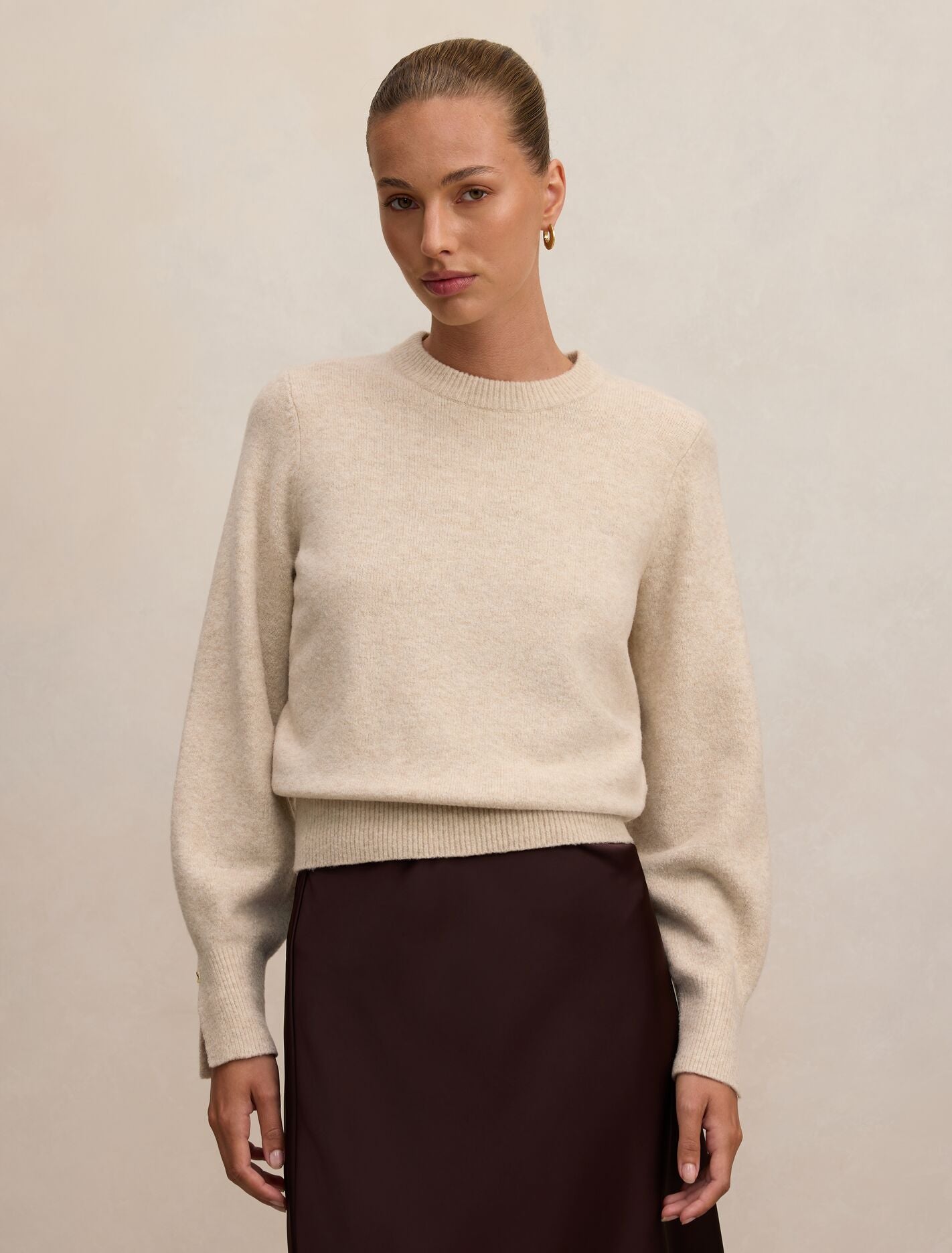 Ellie Cuff Detail Sweater Soft Oatmeal Forever New