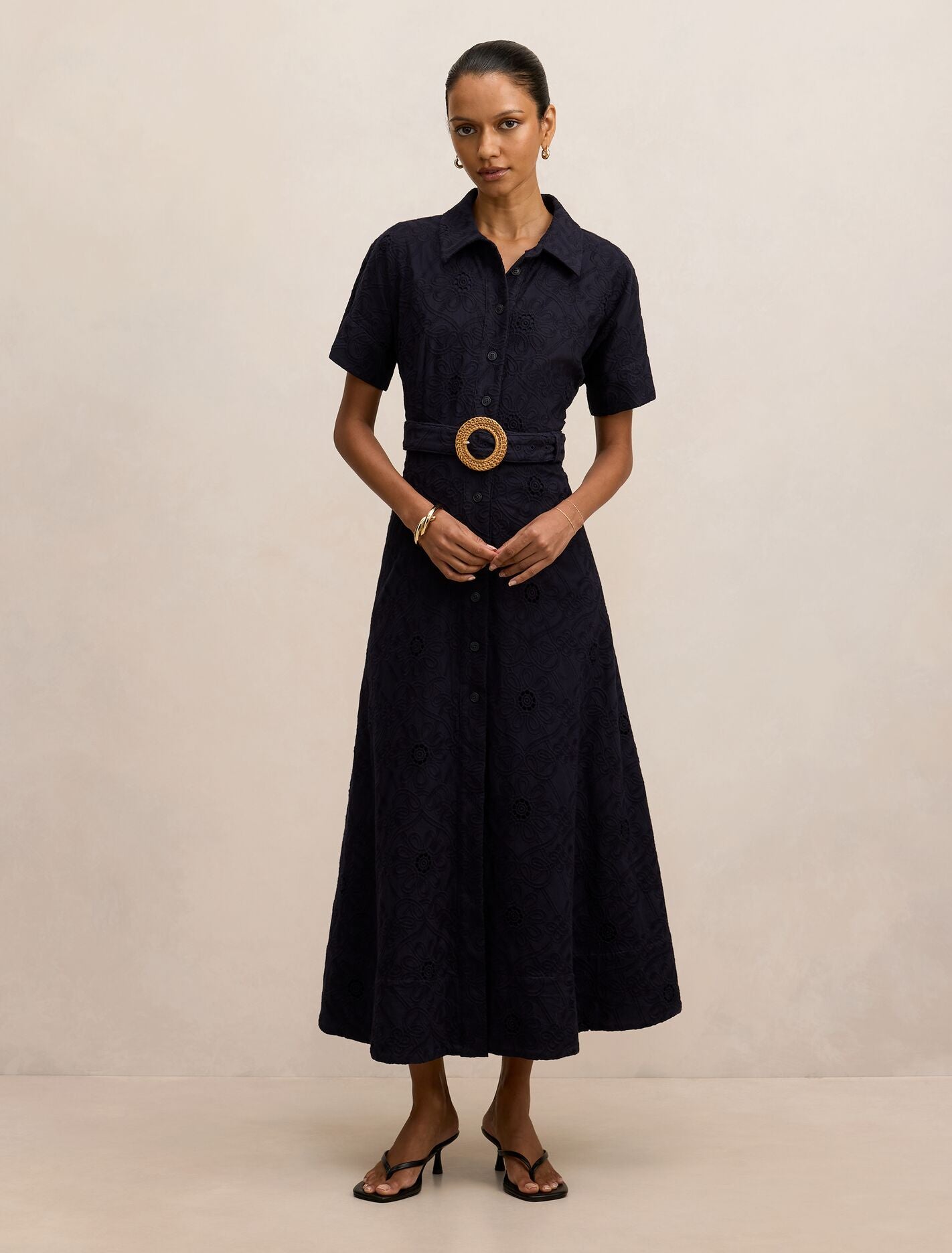 Valeria Petite Broderie Midi Dress Navy Forever New