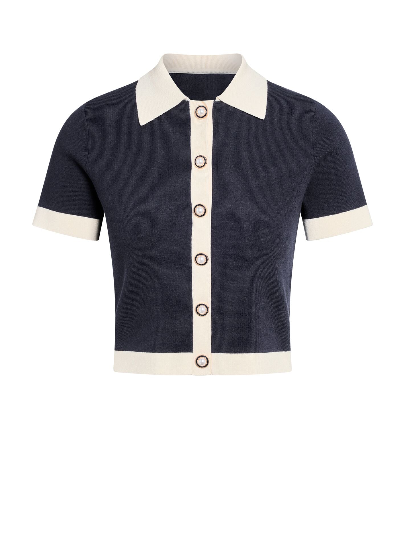 Farah Knitted Button Through T-shirt Navy/White | Forever New