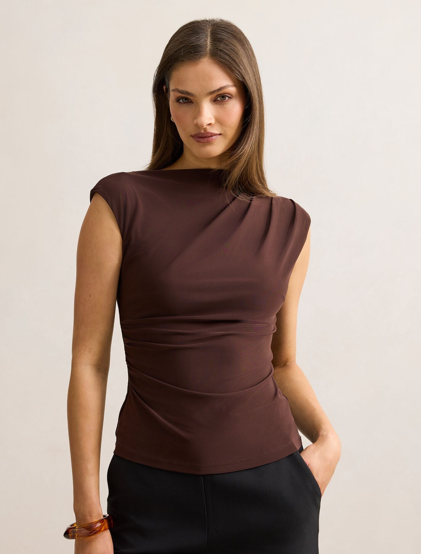 Logan Asym Shoulder Top Bitter Chocolate | Forever New