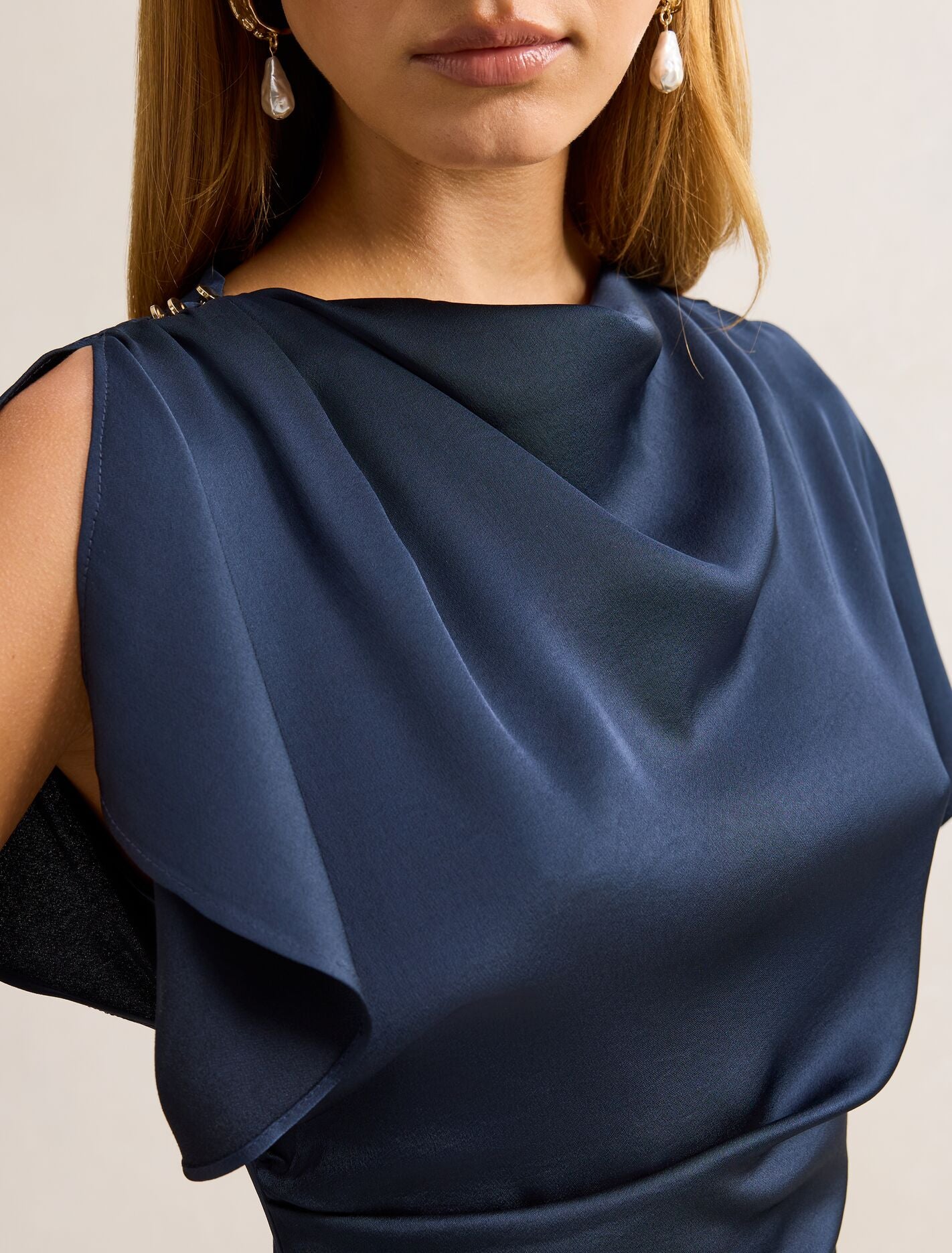 Genevieve Satin Drape Maxi Dress Navy | Forever New