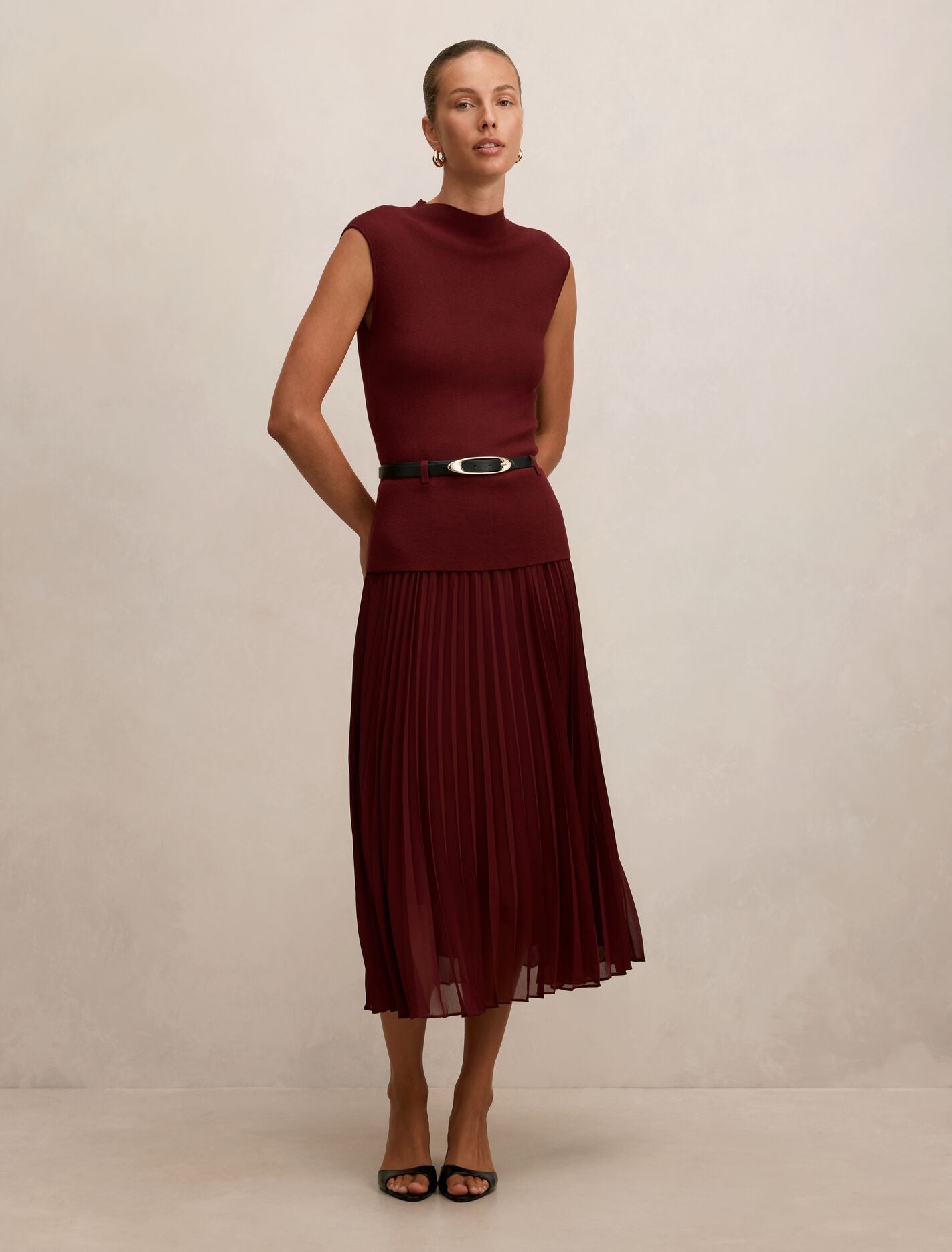 Lorelei Woven Mixed Midi Dress Burgundy Rose Forever New