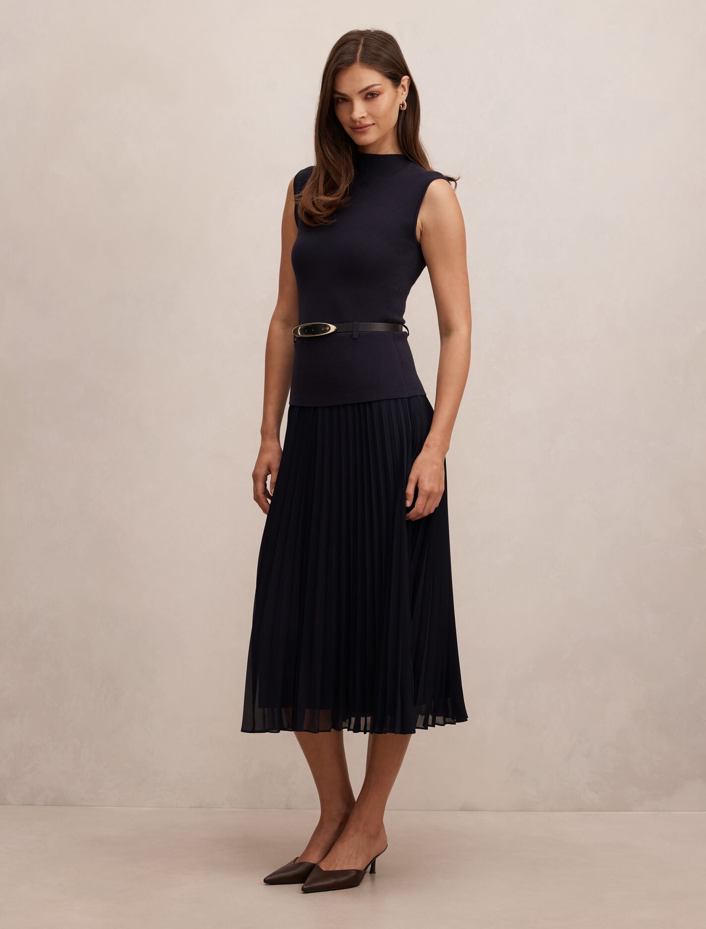 Lorelei Woven Mixed Midi Dress Navy | Forever New