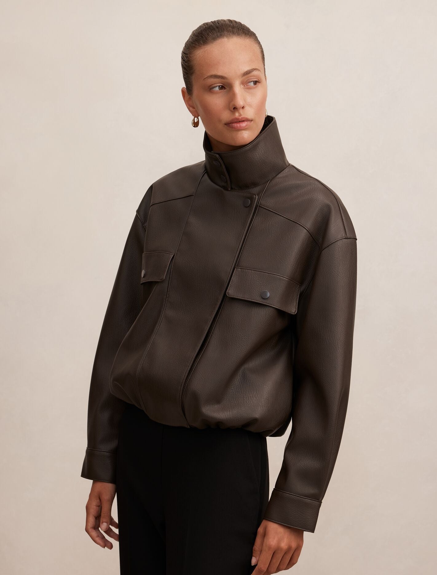 Angela Oversized Pu Bomber Jacket Chocolate | Forever New