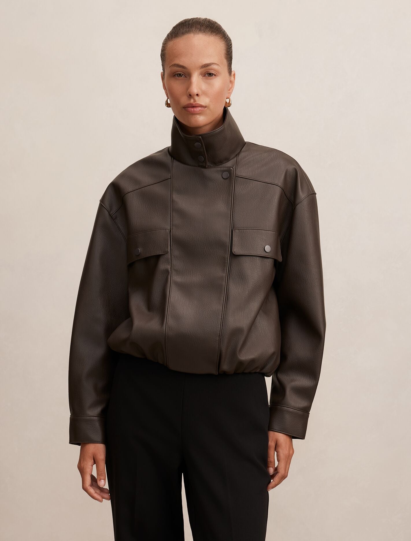 Angela Oversized Pu Bomber Jacket Chocolate | Forever New