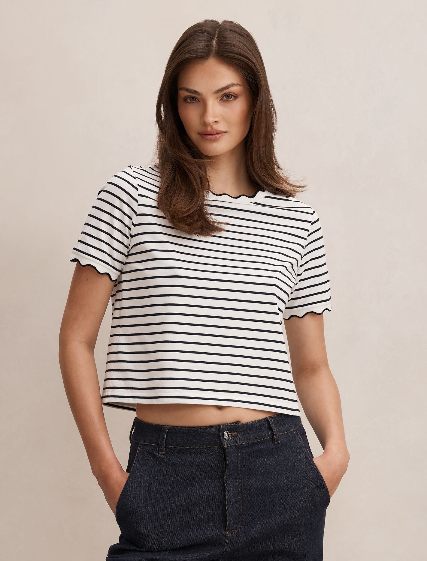 Dolly Stripe Scallop T-Shirt Black White Strip Forever New