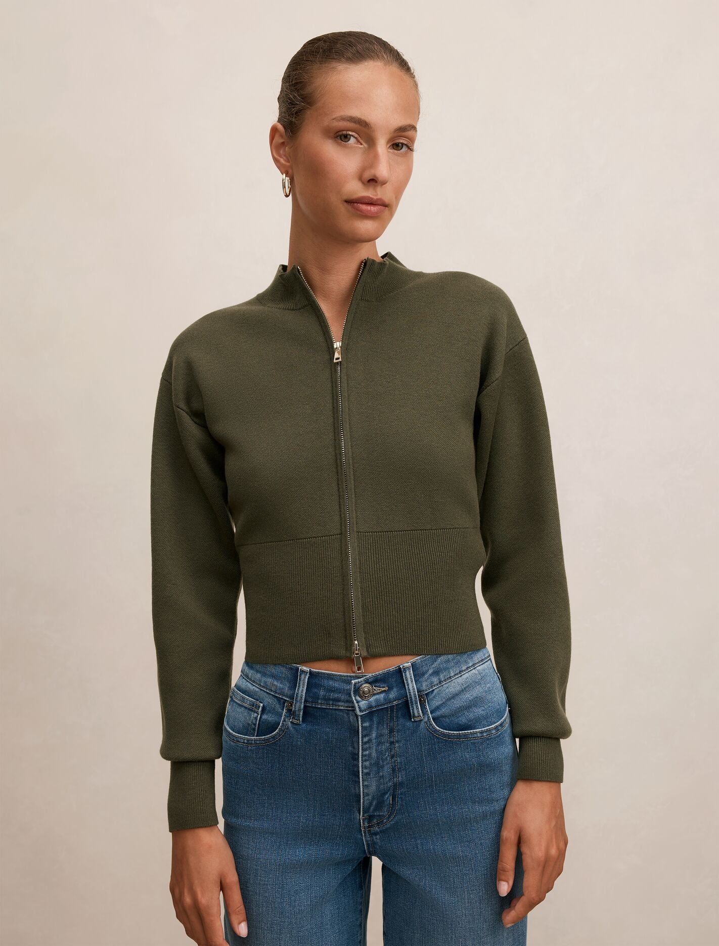 Hanna Zip Knit Jacket Olive Forever New