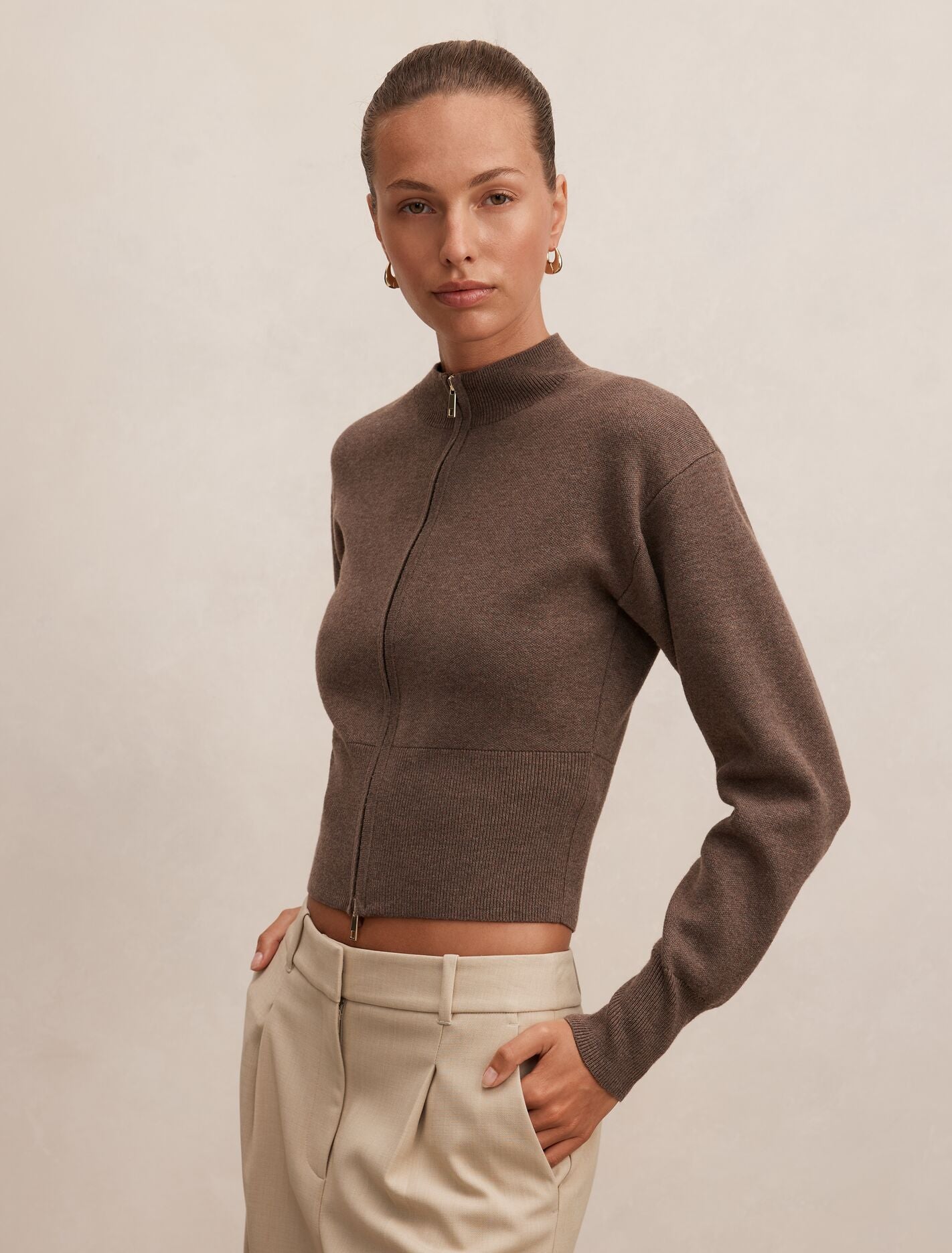 Hanna Zip Knit Jacket Hazelnut | Forever New