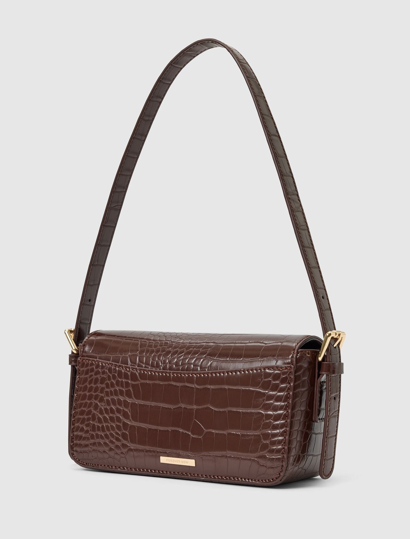 Mckenna Metal Clasp Shoulder Bag Chocolate Croc | Forever New