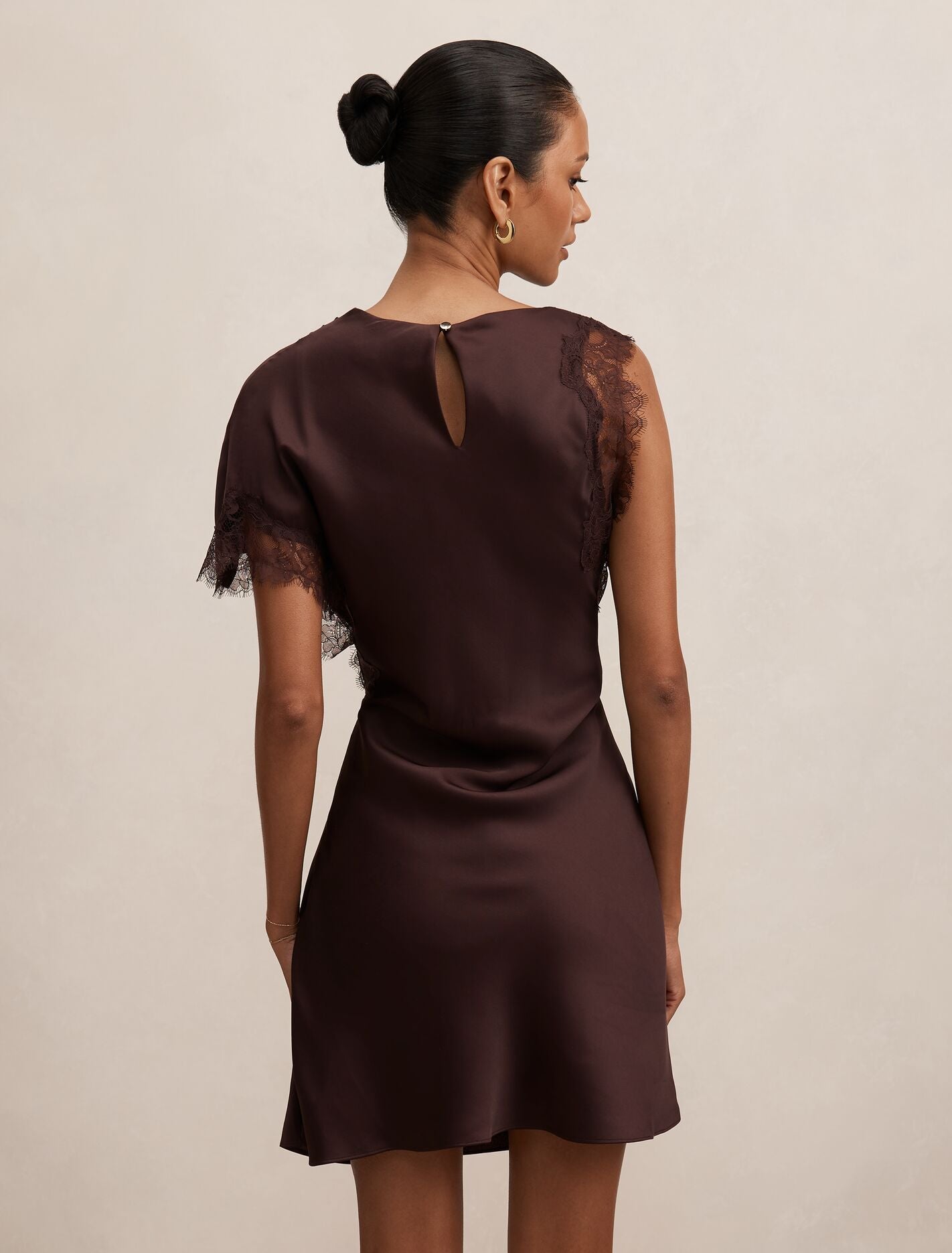 Giselle Petite Satin Lace Mini Dress Dark Chocolate | Forever New