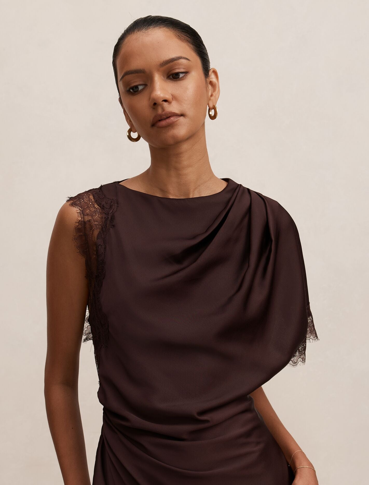 Giselle Petite Satin Lace Mini Dress Dark Chocolate | Forever New