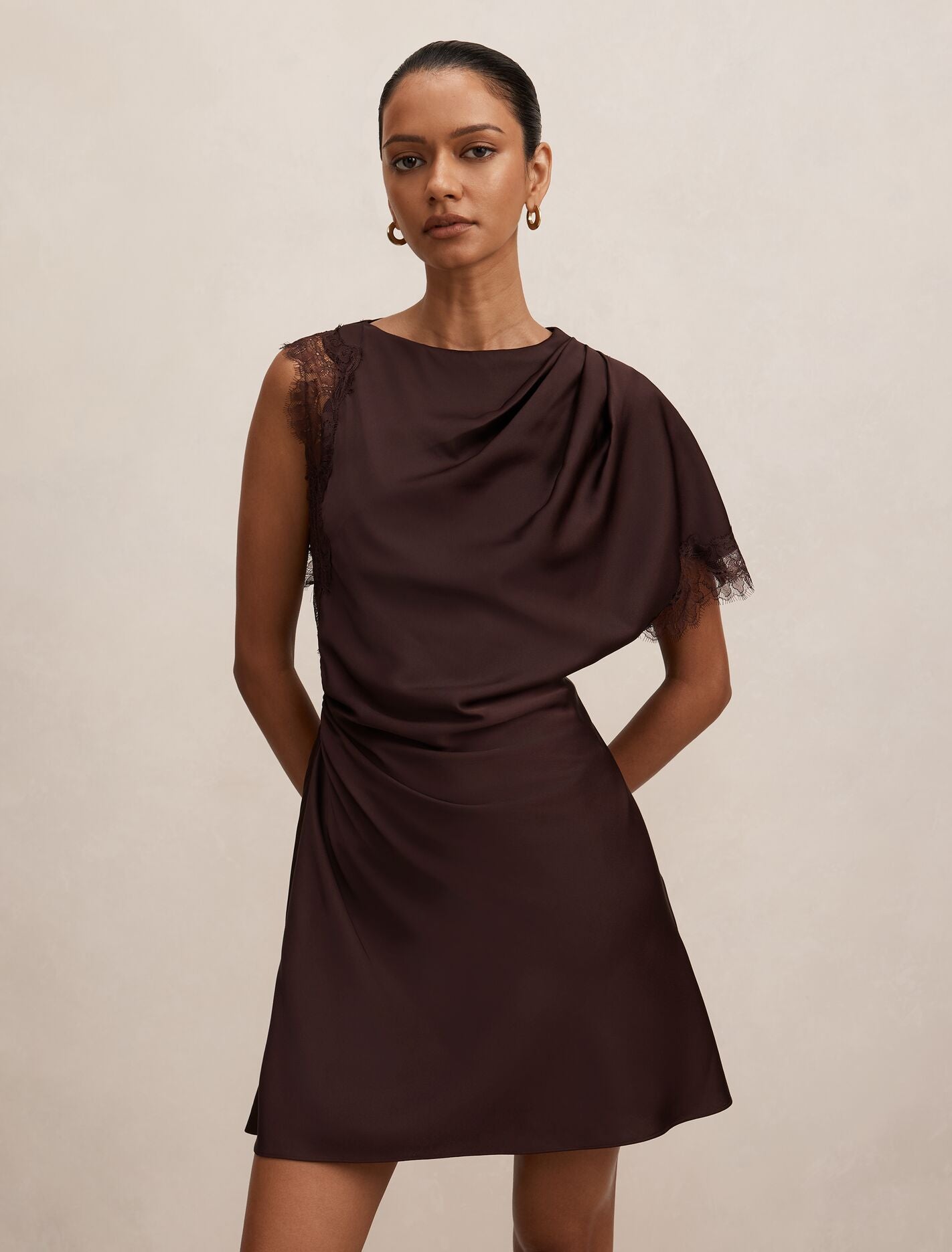 Giselle Petite Satin Lace Mini Dress Dark Chocolate Forever New