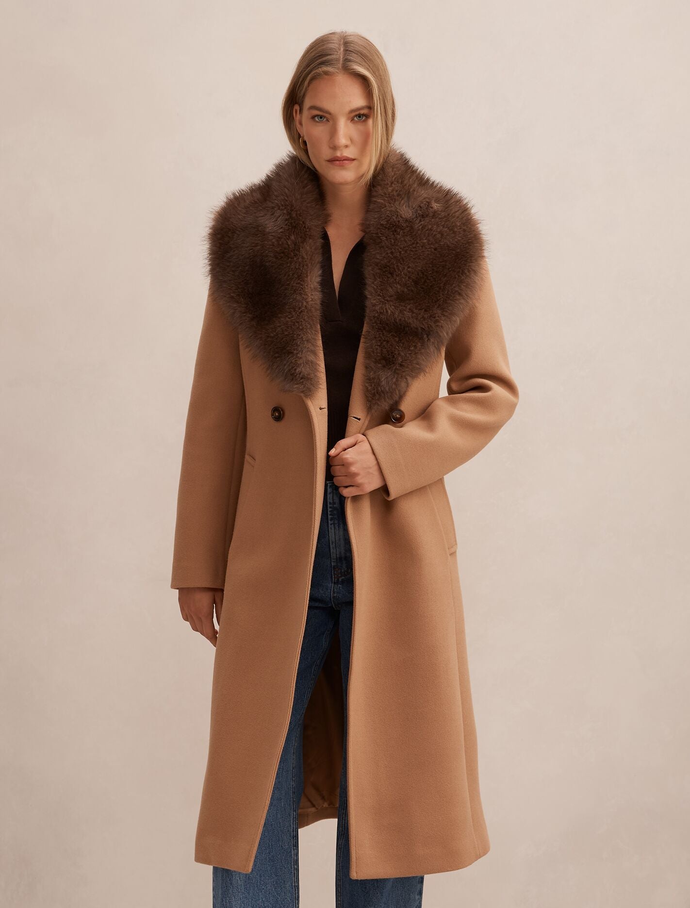 Shelby Faux Fur Collar Coat Camel/Choc | Forever New