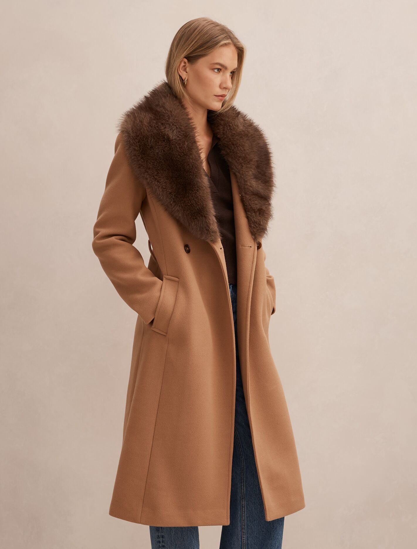Shelby Faux Fur Collar Coat Camel/Choc | Forever New