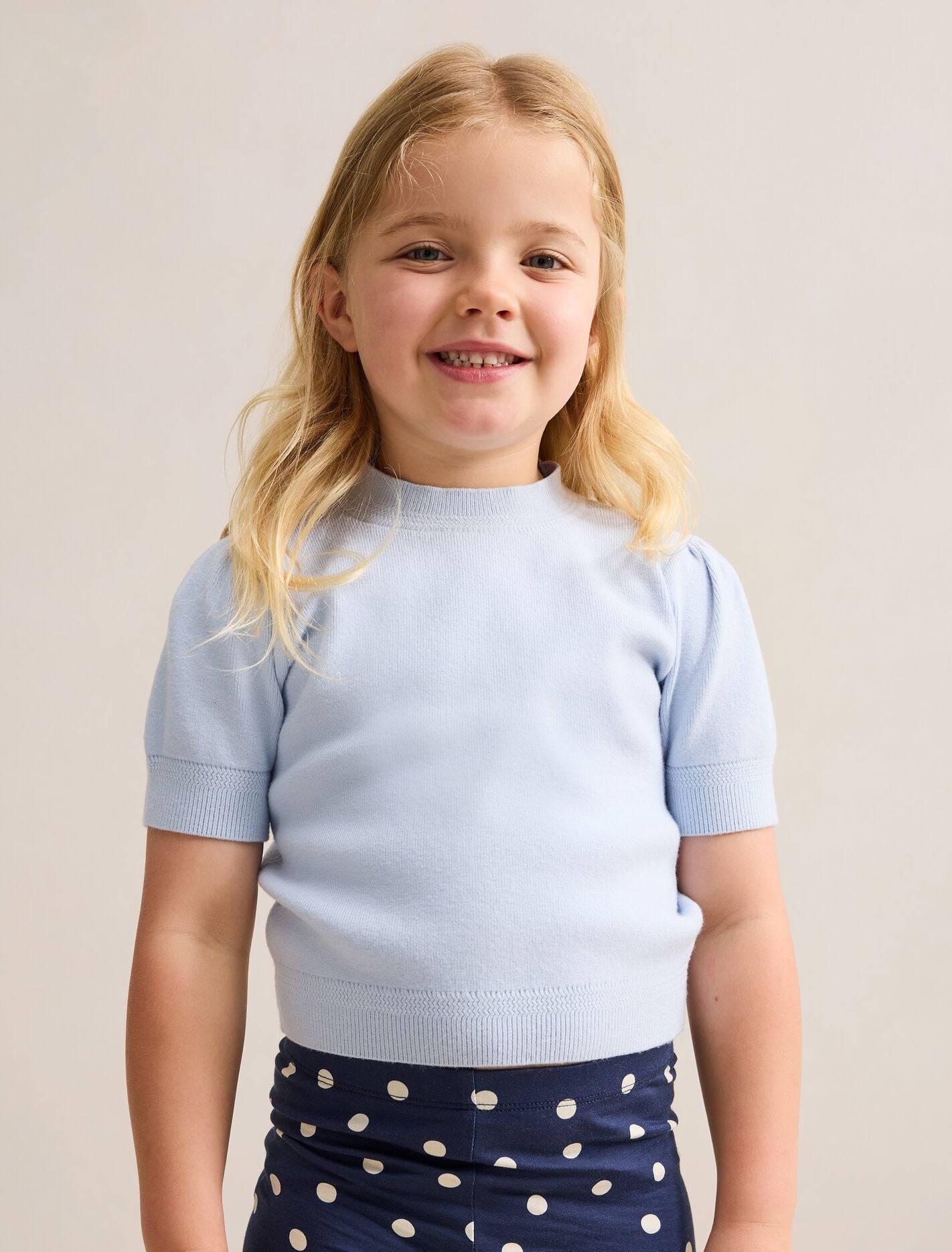 Ella Girls Puff Sleeve Knit T-shirt Cloud Blue | Forever New