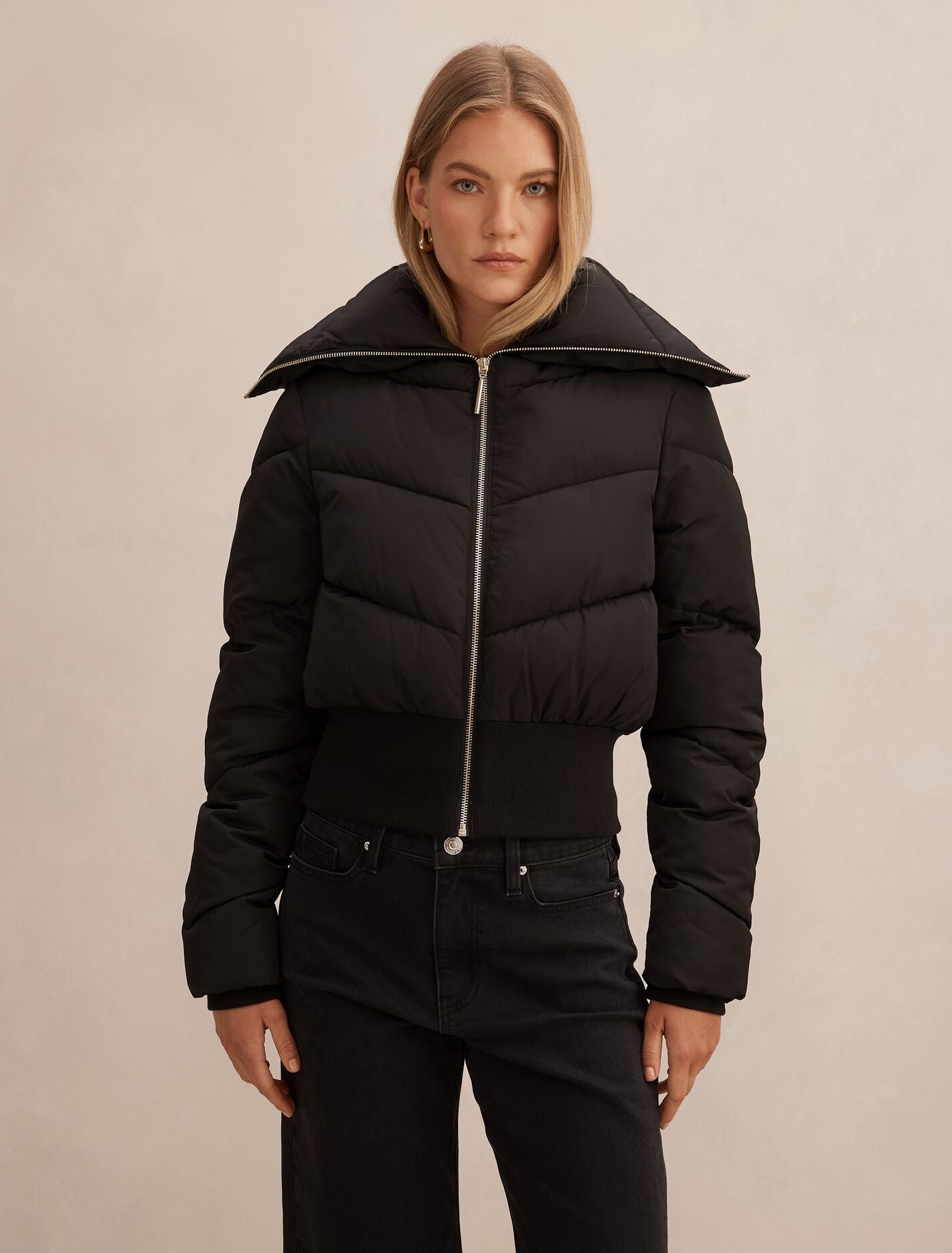 Evie Cropped Rib Detail Puffer Jacket Black Forever New