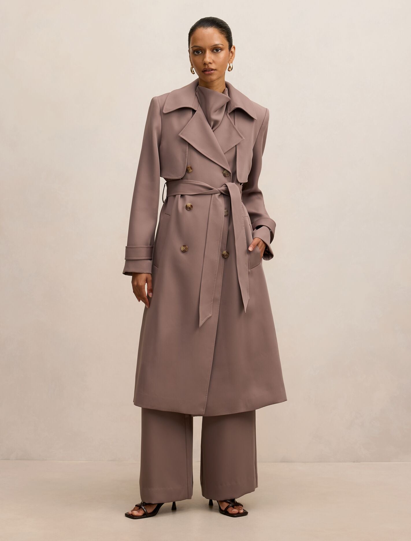 Delilah Petite Soft Trench Coat Deep Taupe Set | Forever New