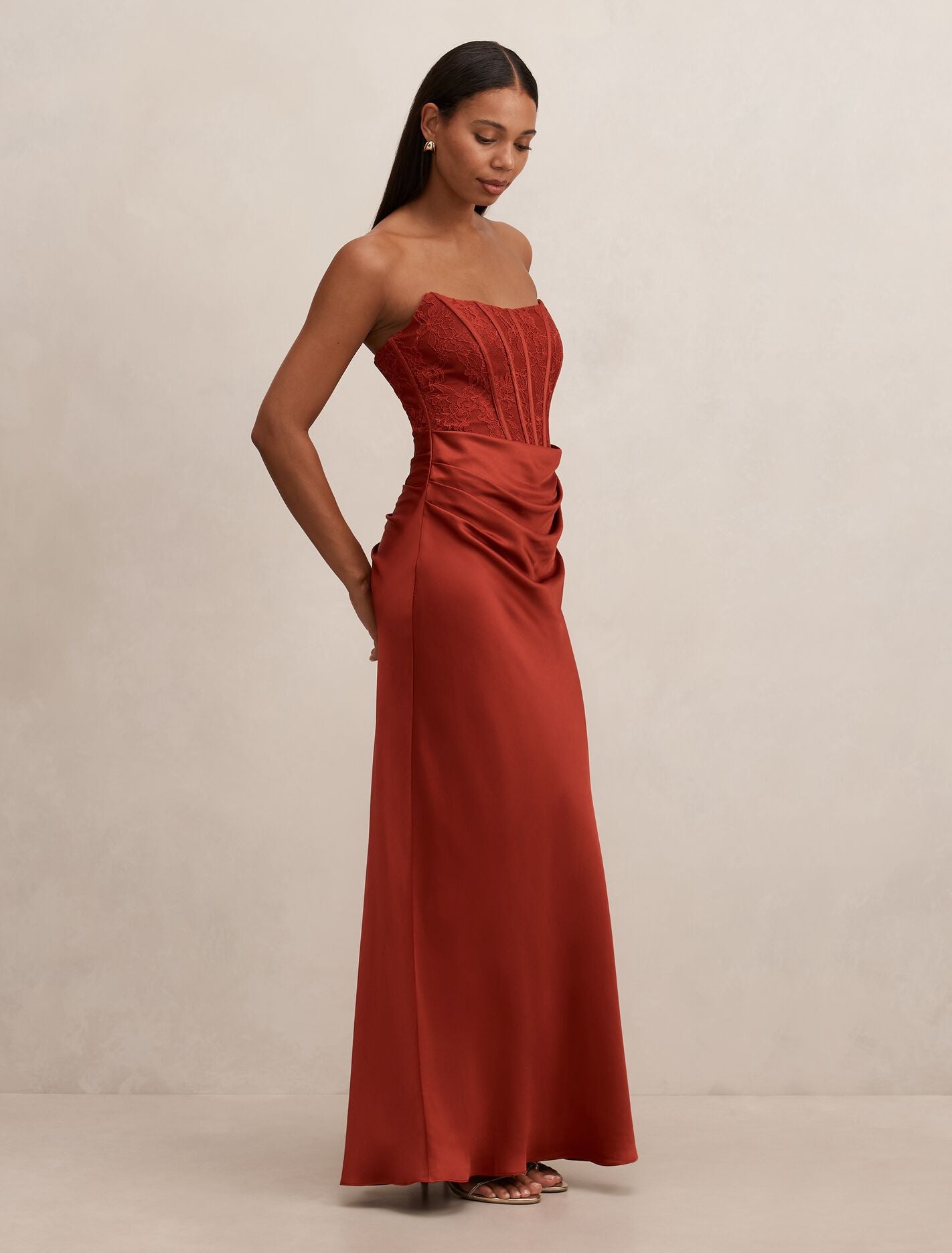 Ivy Lace Corset Drape Maxi Dress Rust | Forever New