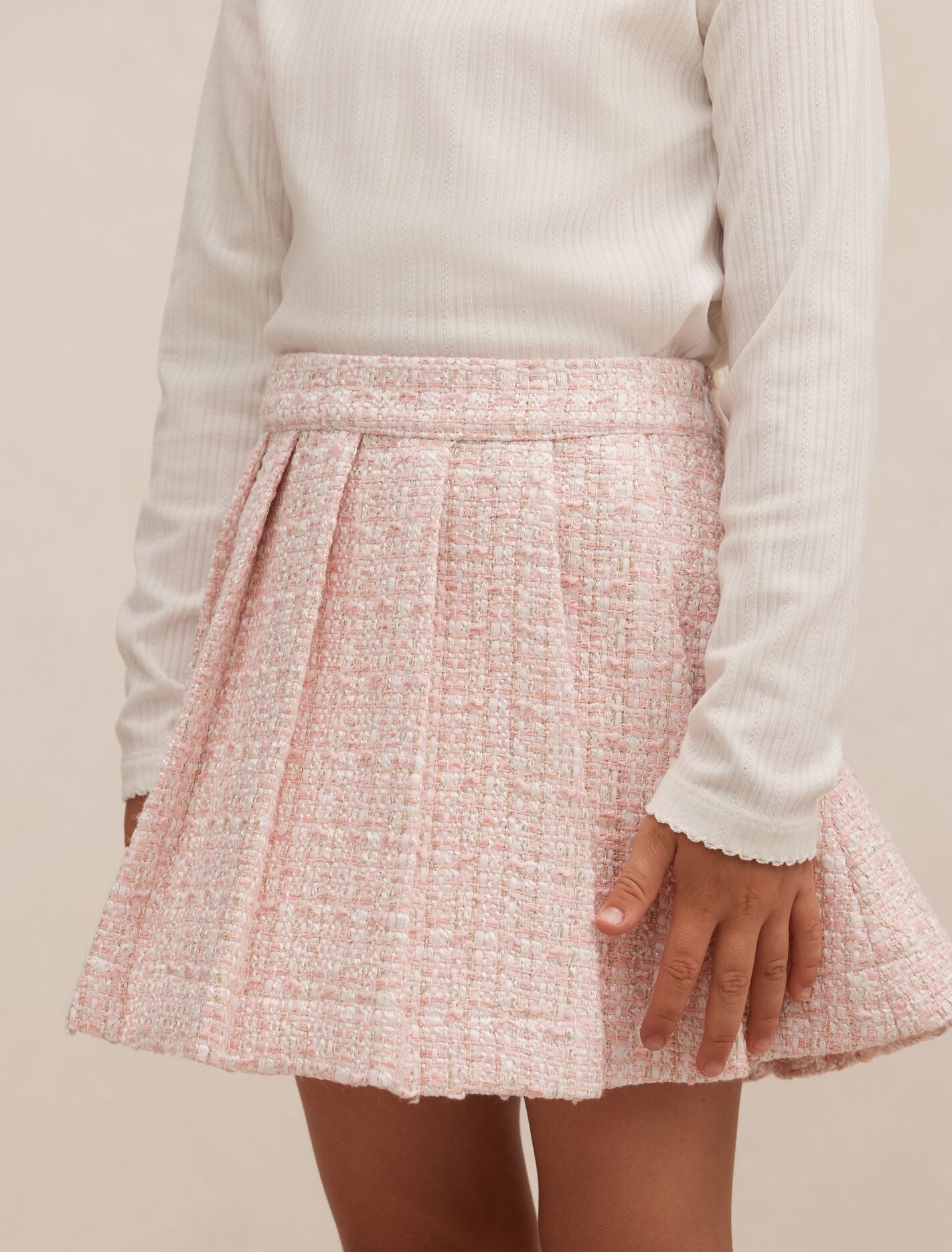 Audrey Girls Pleated Tweed Skirt Pink/Gold Set | Forever New