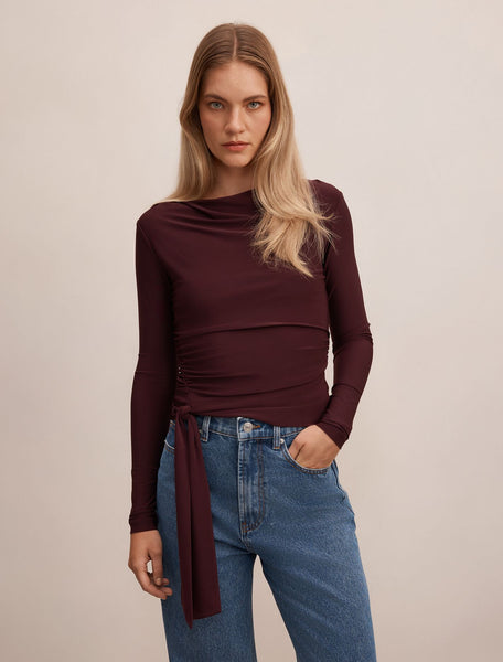 Lexi Tie Long Sleeve Top Midnight Plum | Forever New