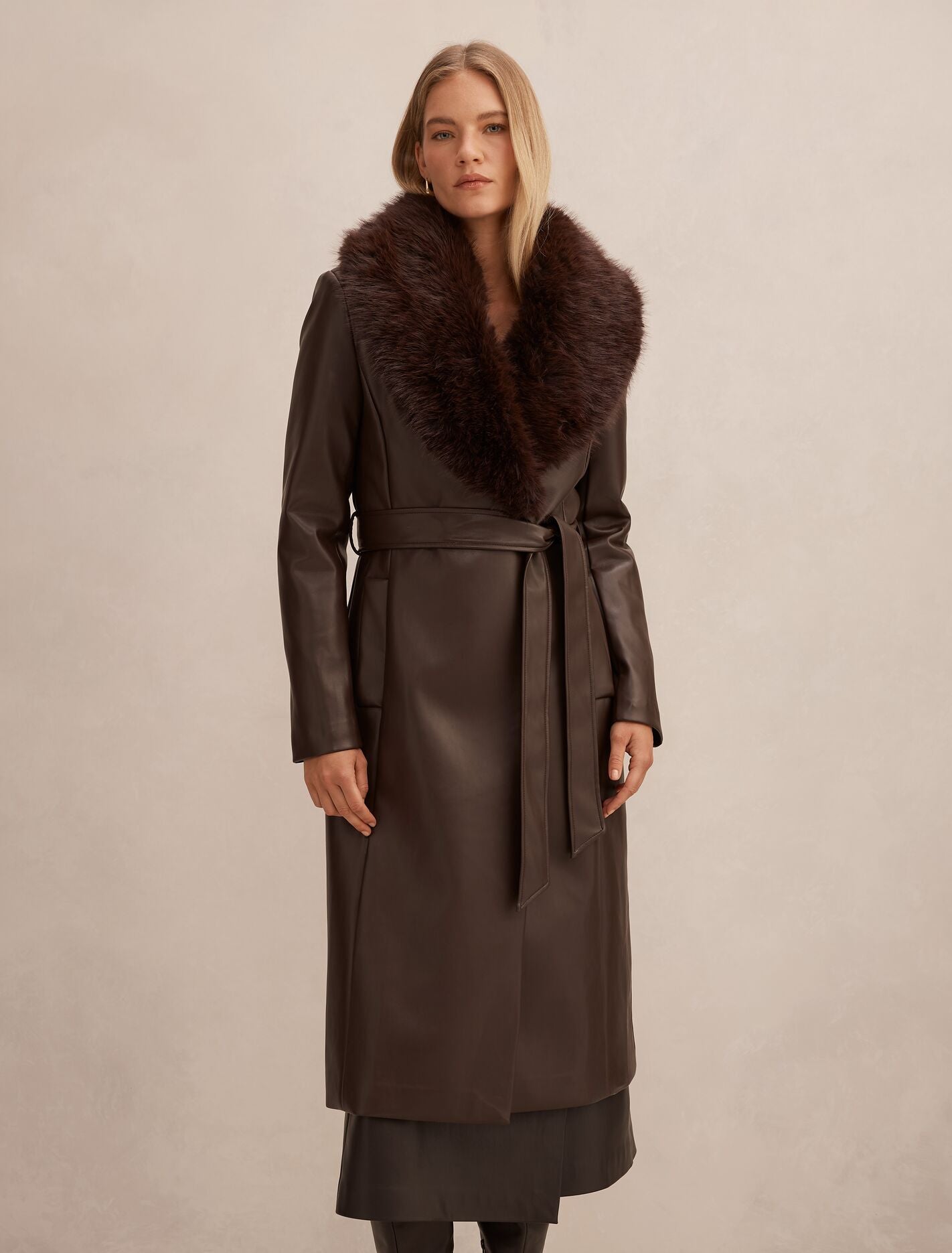Faith Faux Fur Collar Pu Trench Coat Milk Chocolate | Forever New