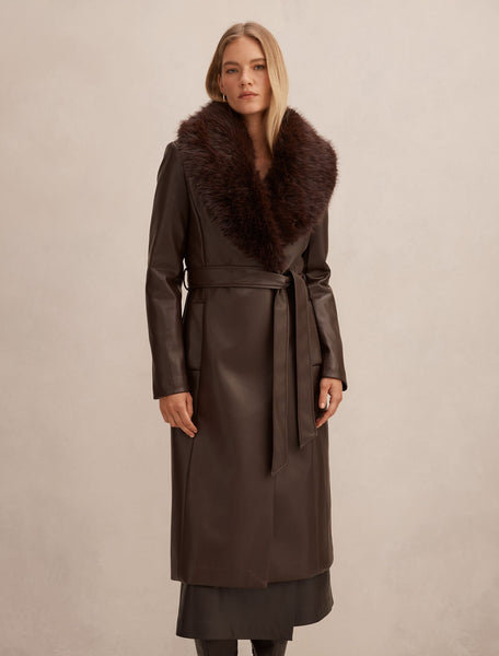 Faith Faux Fur Collar Pu Trench Coat Milk Chocolate | Forever New