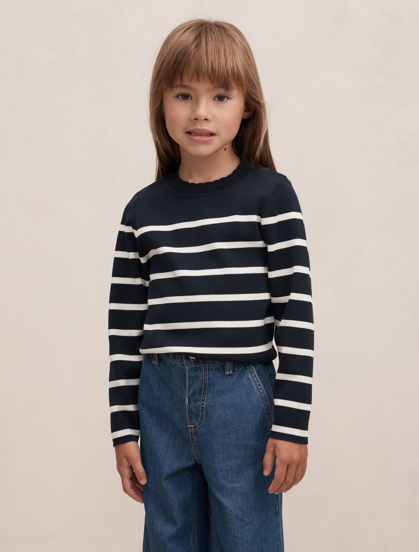 Freya Girls Scallop Knit Stripe Top Navy White Forever New