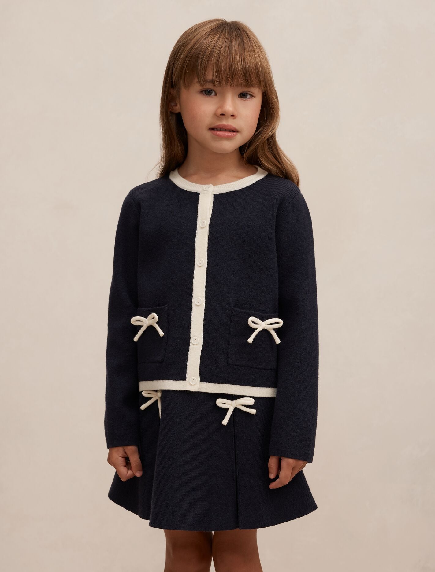 Coco Bow Girls Knit Cardigan Navy/White | Forever New