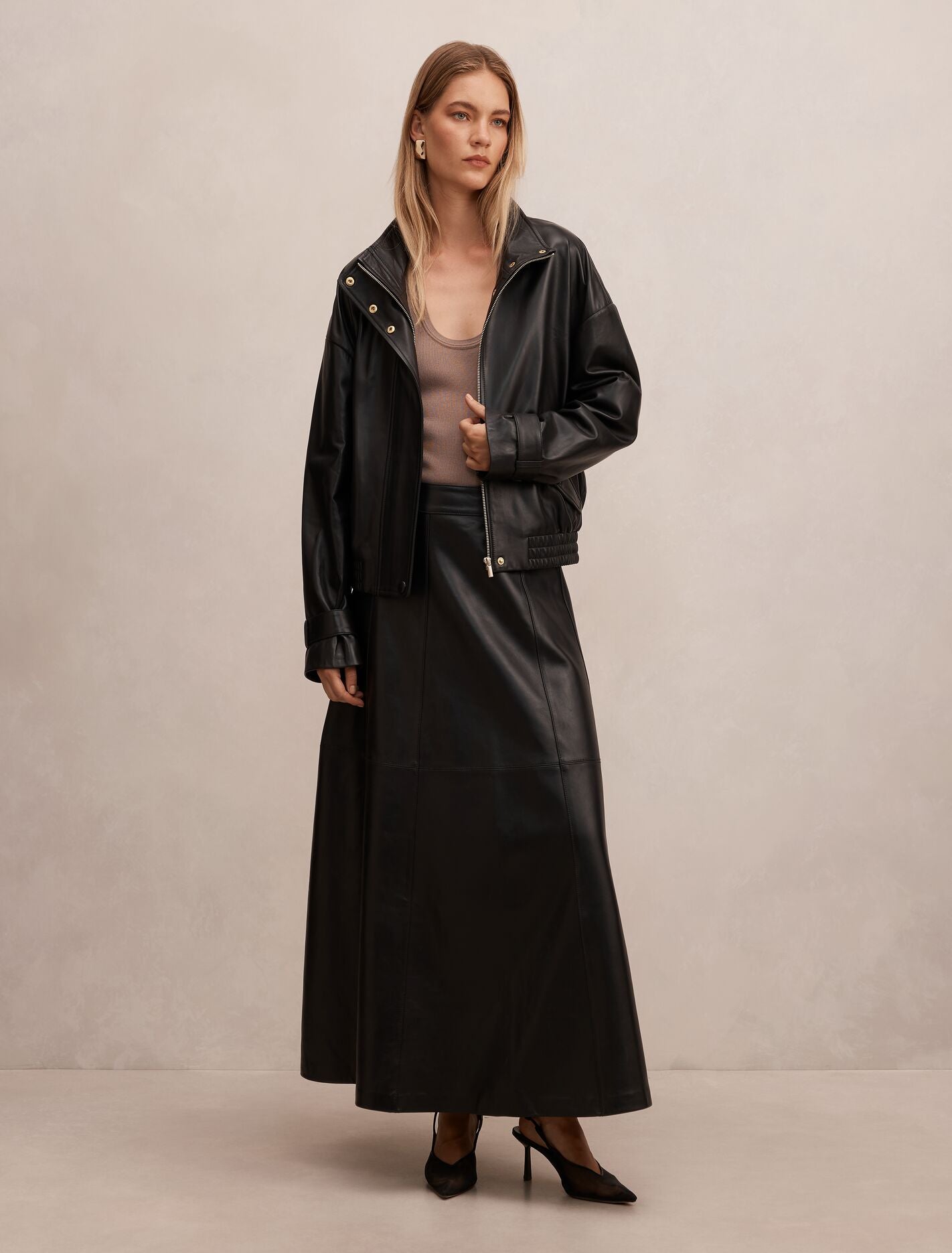 Ava Leather Funnel Neck Bomber Jacket Forever New