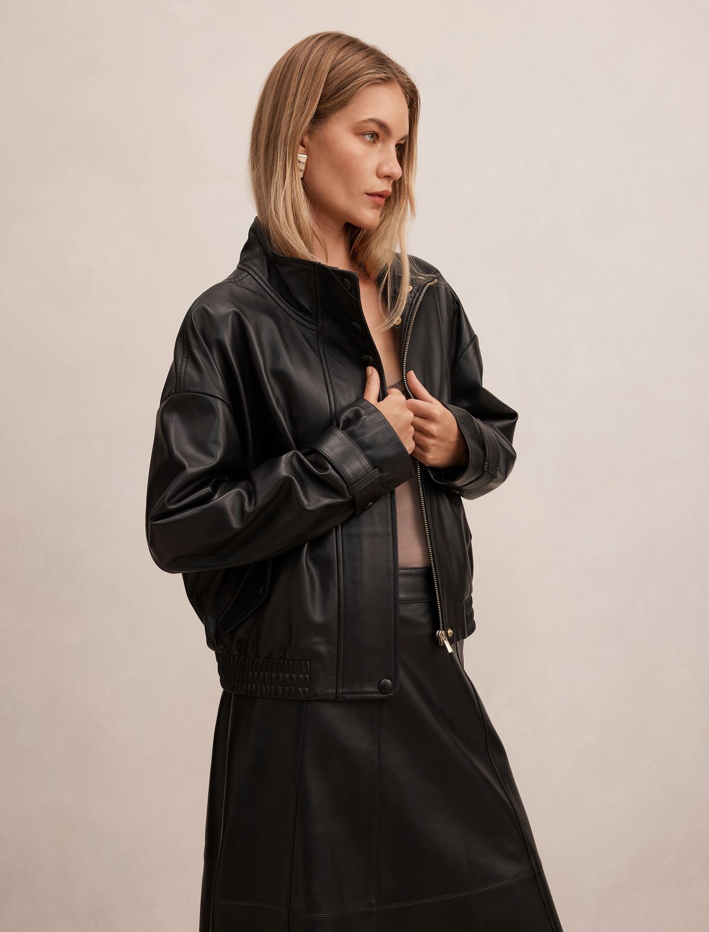 Ava Leather Funnel Neck Bomber Jacket Forever New