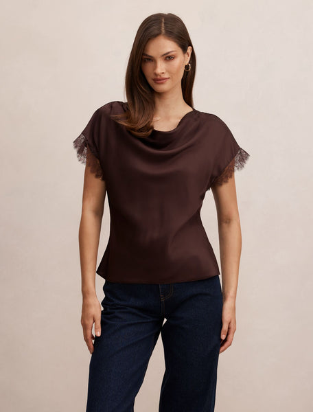 Tate Lace Trim Top Chocolate | Forever New